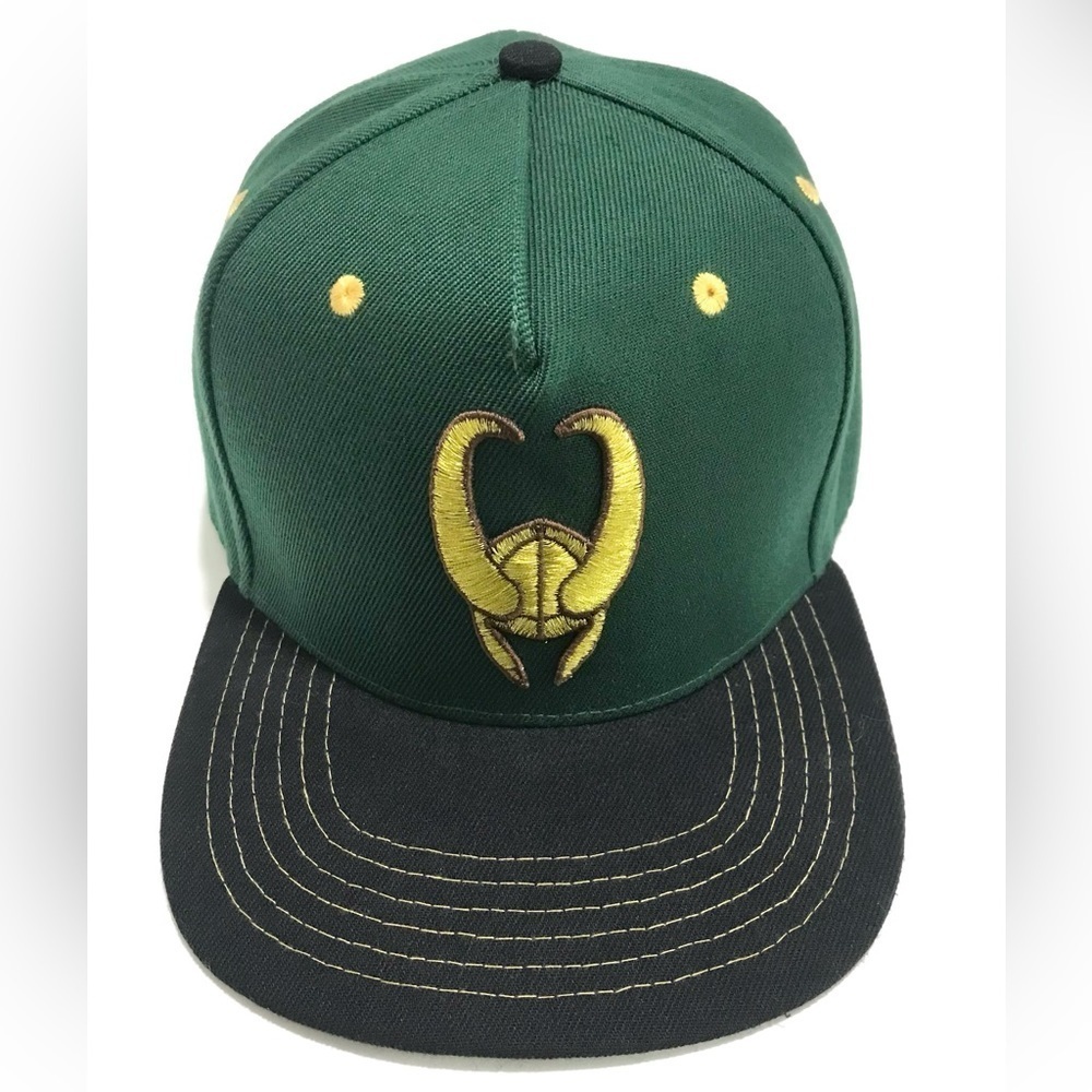Loki Gold 3D Emblem Flat Rim Hat Green SnapBack Baseball Cap OSFM NEW